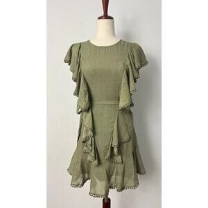 Indikah Ruffle Insert Dress Women’s Sz XS Waist Tie Pompom Trim Cottagecore